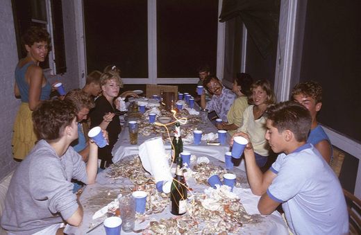 A crab feast with Nadir and the crew after a day’s work at the Model Workshop. My brother Robin is on the right, Kire’s brother Stig at the back on the left, and Kire’s mother Bente standing.