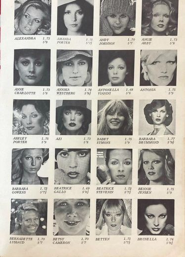 The first page of the women: Alexandra, Amanda Porter, Andy Johnson, Angie Arby, Anne Charlotte, Annika Westberg, Antonella Vianini, Antonia, Ashley Porter, Azi, Babet Symons, Barbara Drummond, Barbara Gowens, Beatrice Gallo, Beatrice Stevenin, Bennie Jensen, Bernadette Lussaud, Betsy Cameron, Betten and Brunella.