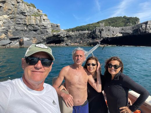 Agostino, Monica and Chantal off La Spezia, May 2024. Thirteen years after Lago Maggiore, Monica and Agostino fearlessly got on a boat with me again.