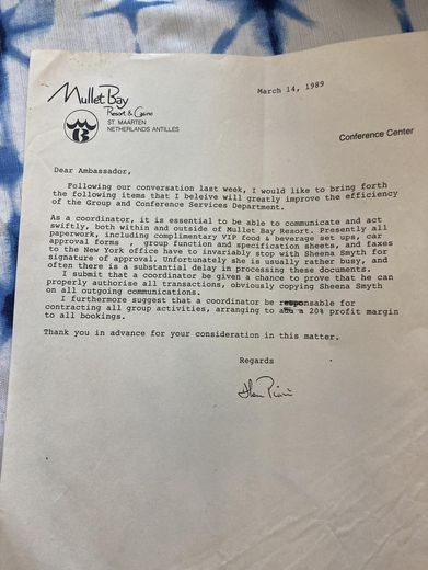 On Mullet Bay letterhead.