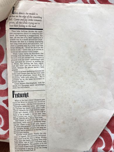 The postscript. Sara and Connie fly to Milan that week; Genie’s contract is signed a week later and she lands a booking with Aldo Fallai. “The gamble of $3,500 and a week of hard work and high hopes at Hinchingham is paying off for the young model from Roland Park.”