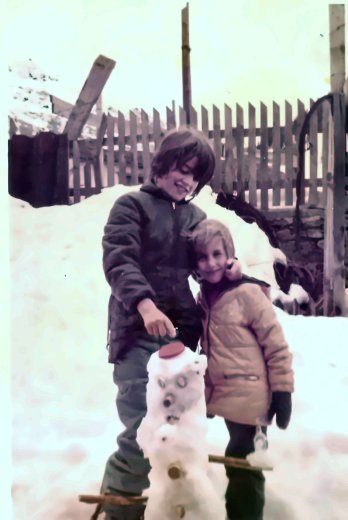 Robin and me with the snowman, 1972.