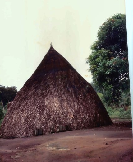 A cone-shaped thatched house in a village by the river.